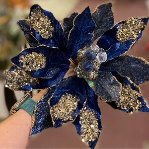 Elegant Navy Blue and Gold Sequin Poinsettias 3-Pack Holiday Floral Decoration